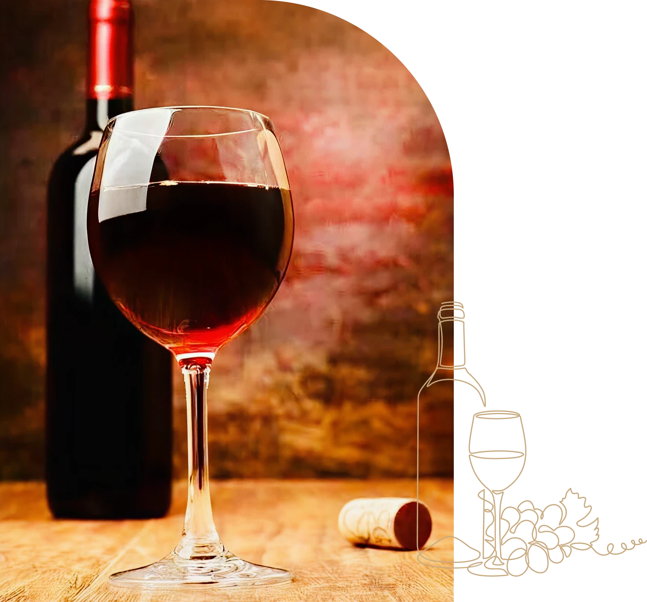 Red wine glass with bottle and cork.